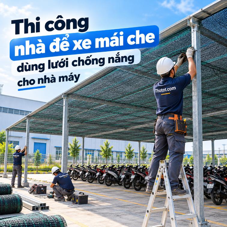 Thi công nhà để xe mái che lưới chống nắng cho nhà máy, nhà xưởng